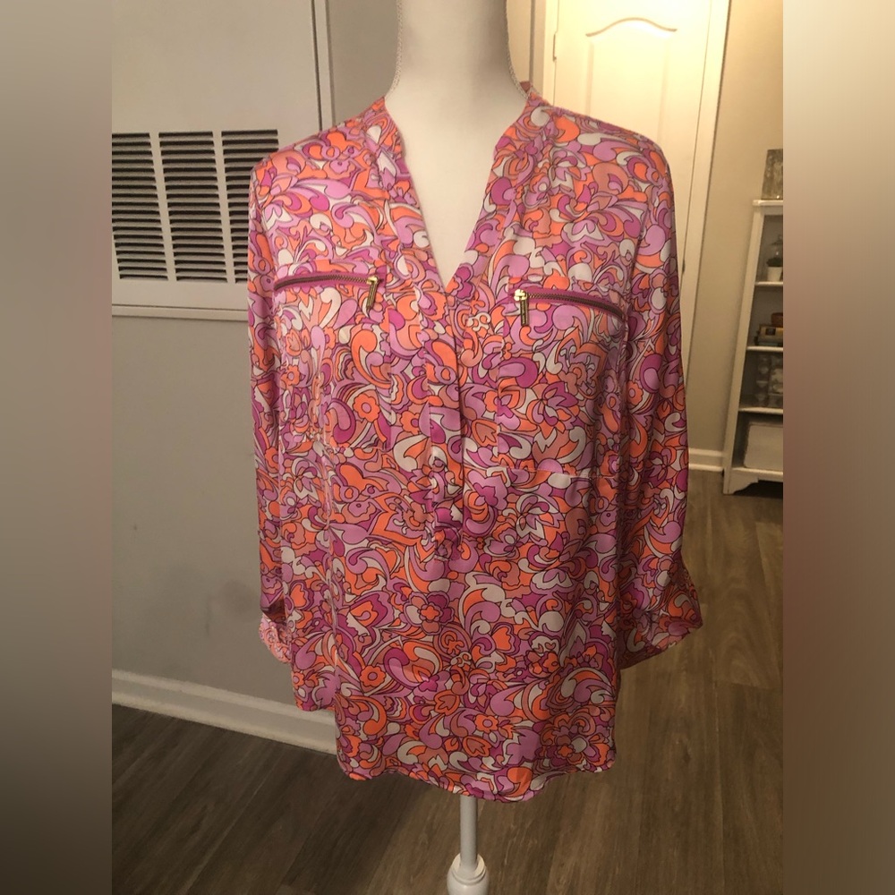 MICHAEL KORS Pink Paisley Size M Zippered Utility Shirt